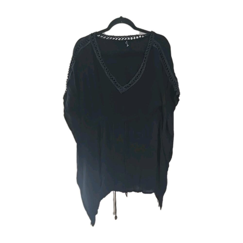 Raviya Black V-Neck Front Tie Short Sleeve Cover-Up Swimwear Womans Plus Size 2X